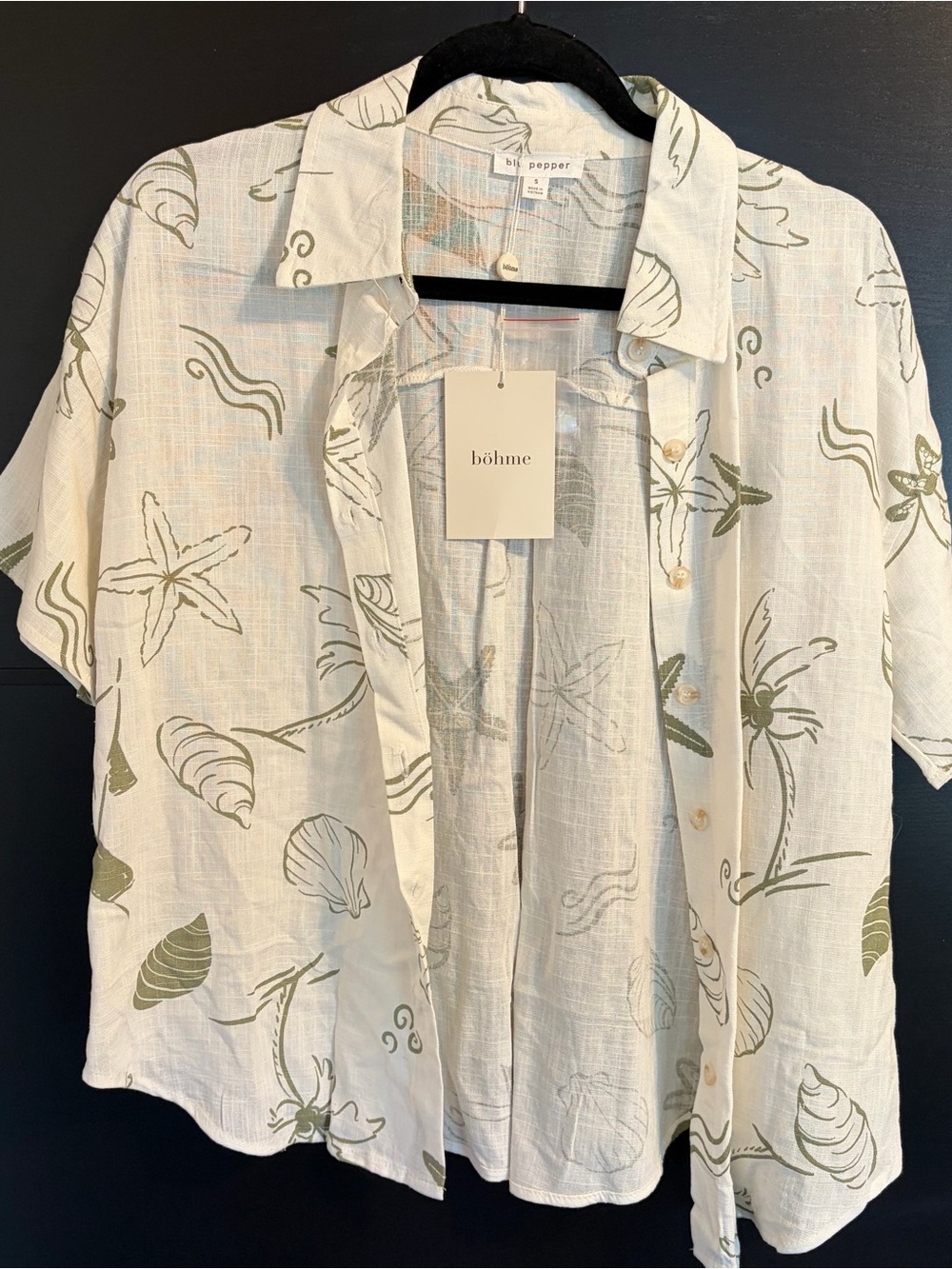 White button down with sea shell design